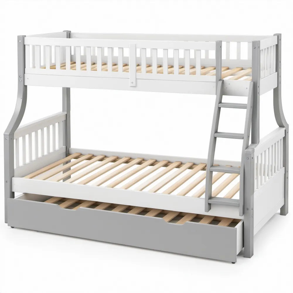 Kinderstapelbed met uitschuifbed, ladder en lattenbodems 90 x 200 cm, grijs/naturel