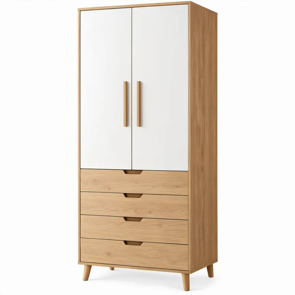2 deuren en 4 lades, 90 x 50 x 200 cm, wit en eikenkleurig