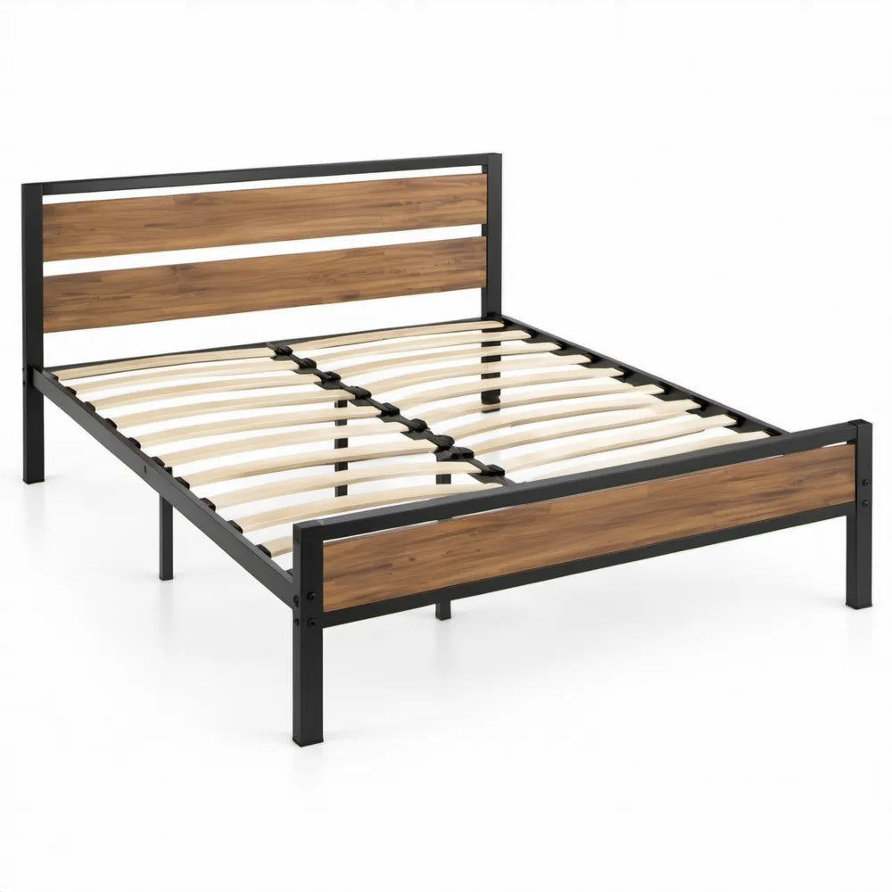 Bedframe 140 x 200 cm met lattenbodem – Zwart/Walnootbruin/Naturel