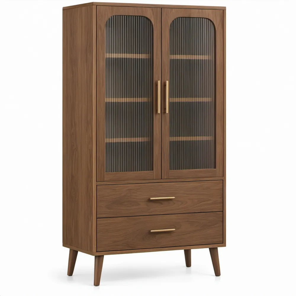 Vitrinekast met 2 geribbelde rookglazen deuren en 2 laden, notenhoutbruin, 80 x 40 x 160 cm
