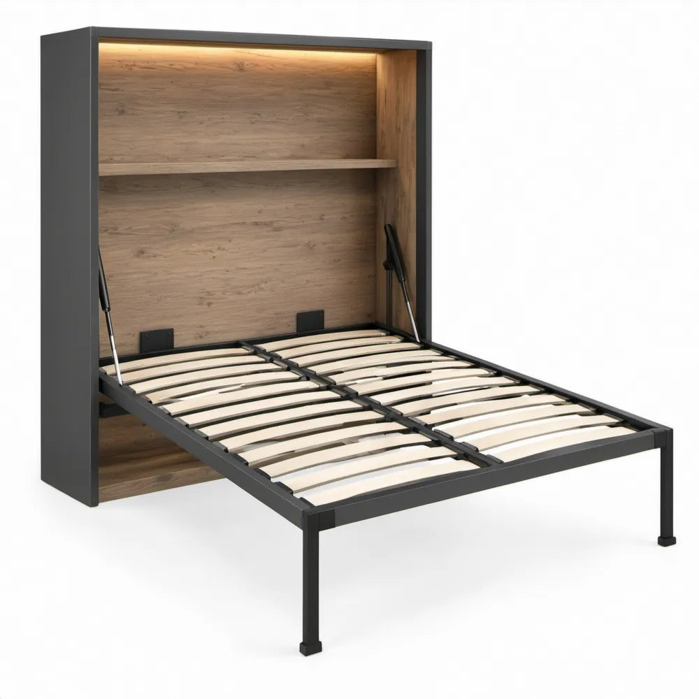 Opklapbed 140 x 200 cm met wandnis, lattenbodem en ledverlichting - Zwart/Eikenkleurig