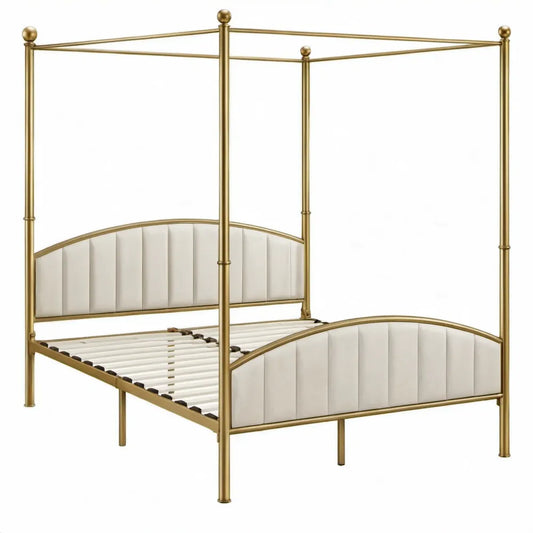 Hemelbed 160 x 200 cm van goudkleurig staal met gebroken wit PU-kunstleer