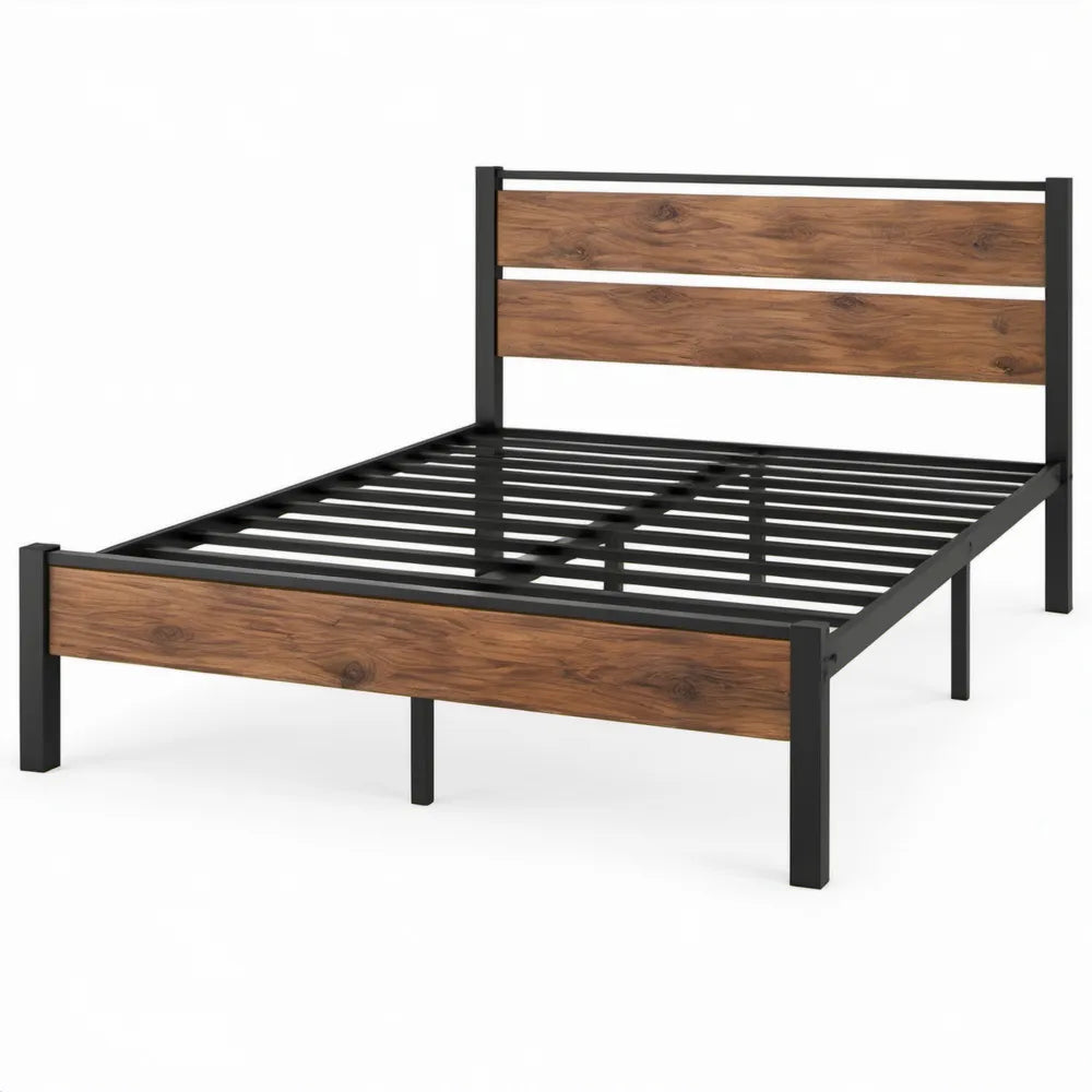 Bedframe 140 x 200 cm van zwart staal en walnootbruin MDF