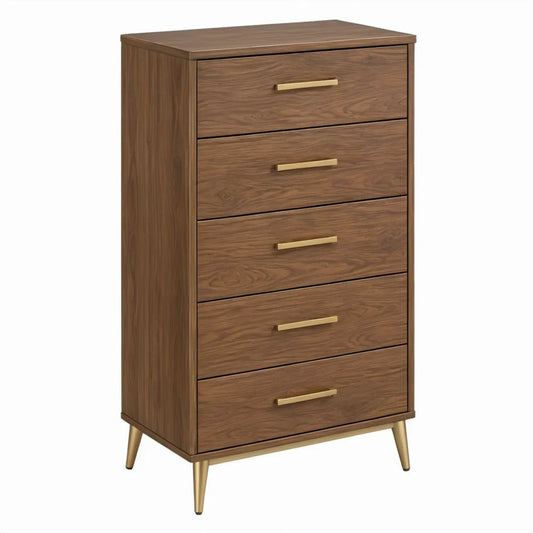 Walnootbruine ladekast met 5 laden en goudkleurige details, 80 x 40 x 120 cm