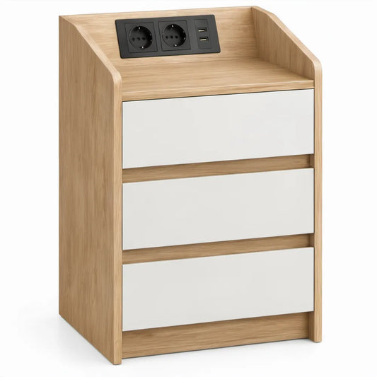 Nachtkastje met 3 laden, 2 stopcontacten en 2 USB-poorten, eikenkleurig/wit/zwart, 45 x 40 x 70 cm