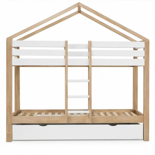 Kinderbed in huisvorm met uitschuifbed 90 x 200 cm – Naturel/Wit