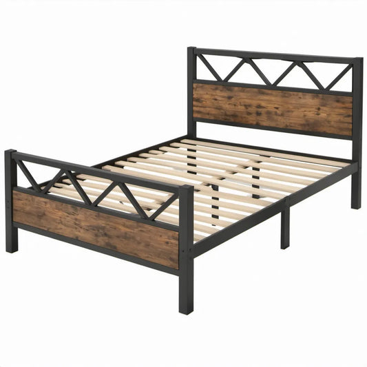 Bedframe 160 x 200 cm van zwart staal en bruin grenenhout met lattenbodem