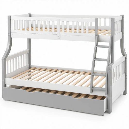 Kinderstapelbed met uitschuifbed, ladder en lattenbodems 90 x 200 cm, grijs/naturel