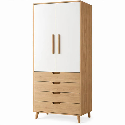 2 deuren en 4 lades, 90 x 50 x 200 cm, wit en eikenkleurig