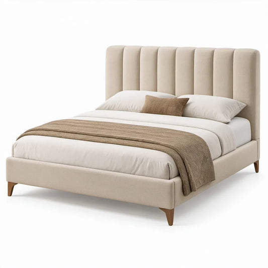 Beige gestoffeerd bedframe met houten poten 160 x 200 cm