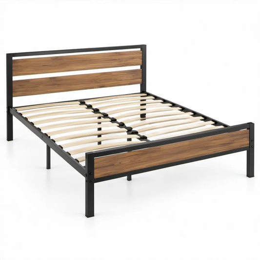 Bedframe 140 x 200 cm met lattenbodem – Zwart/Walnootbruin/Naturel