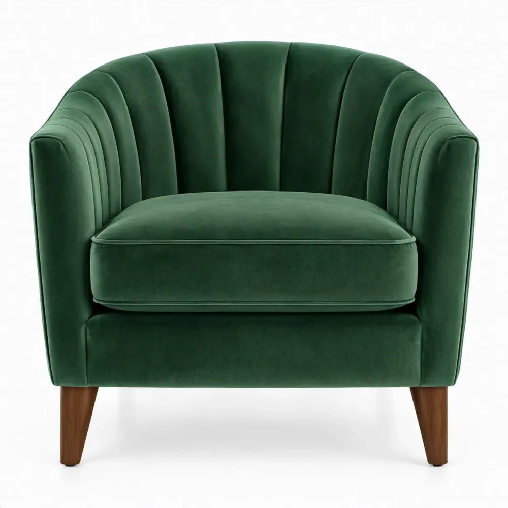 Donkergroene fluwelen loungestoel met houten poten, 78 x 76 x 82 cm