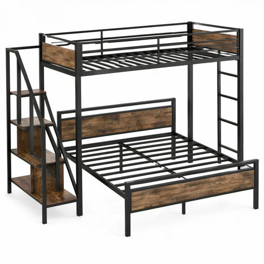 Zwart-bruin stapelbed met trapkast en open legplanken, 90 x 200 cm en 140 x 200 cm