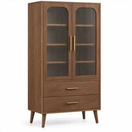 Vitrinekast met 2 geribbelde rookglazen deuren en 2 laden, notenhoutbruin, 80 x 40 x 160 cm