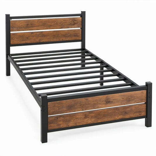 Eenpersoonsbedframe 90 x 200 cm van zwart staal met donkerbruine MDF-panelen