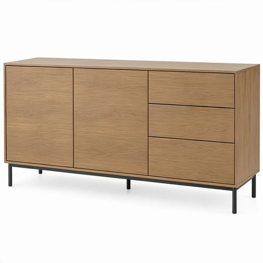 Dressoir met 3 deuren en 3 laden, 180 x 45 x 80 cm, naturel eikenfineer met zwart stalen onderstel
