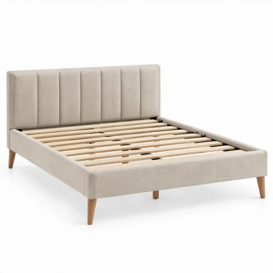 Gestoffeerd bedframe 160 x 200 cm Beige met lattenbodem en houten poten