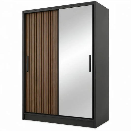 Schuifdeurkast 120 x 60 x 200 cm Zwart Walnootbruin met Spiegel en MDF-lattenfront