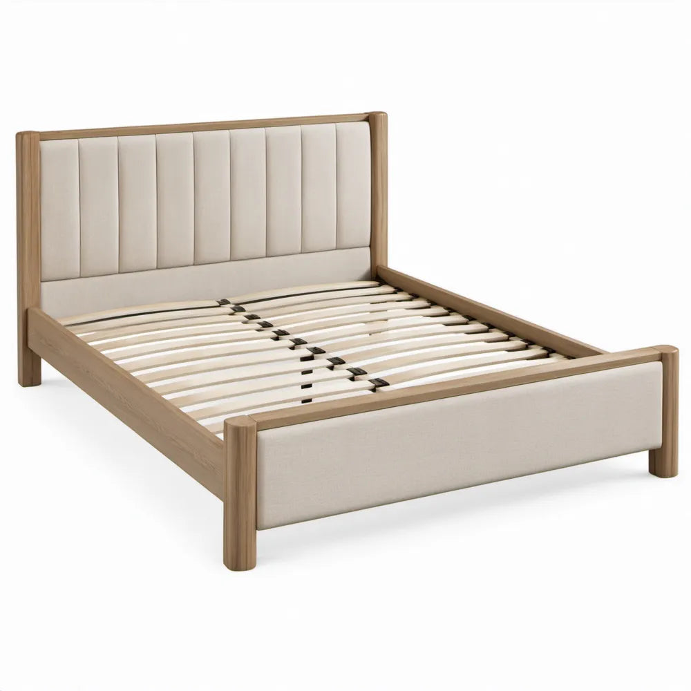 Tweepersoonsbed 160 x 200 cm Beige/Eikenbruin van Massief Rubberhout met Gestoffeerd Hoofdbord en Lattenbodem