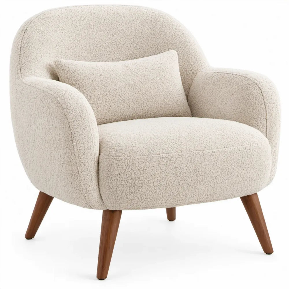 Crèmekleurige bouclé fauteuil met armleuningen en rubberhouten poten, 78 x 76 x 82 cm