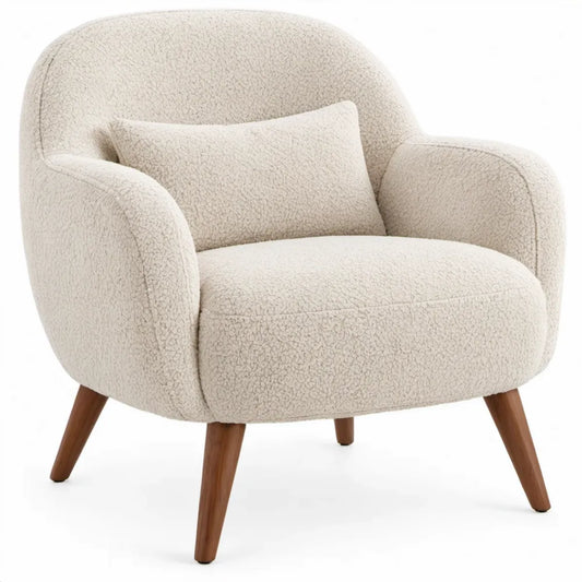 Crèmekleurige bouclé fauteuil met armleuningen en rubberhouten poten, 78 x 76 x 82 cm