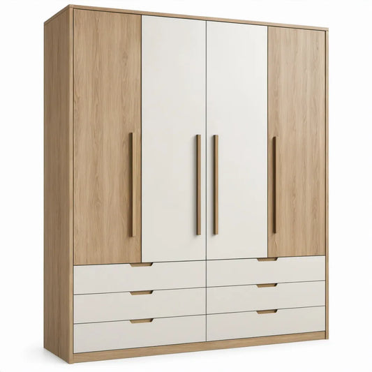 Kledingkast met 4 deuren en 6 laden, 180 x 52 x 220 cm, naturel eiken/wit