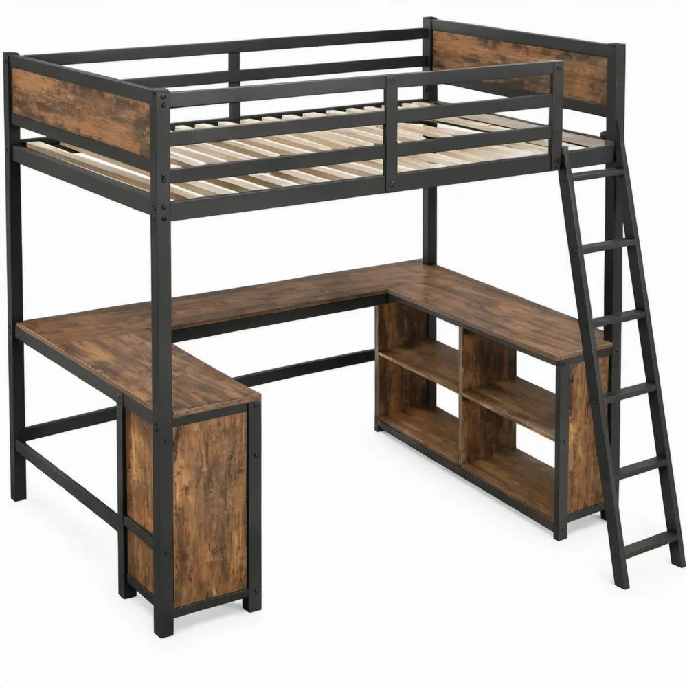 Hoogslaper met hoekbureau, opbergrek en ladder 198 x 96 x 180 cm voor matras 90 x 190 cm - Zwart/Rustiek bruin
