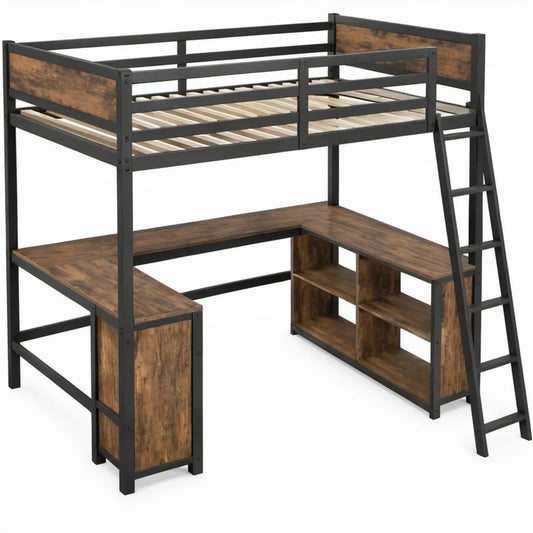 Hoogslaper met hoekbureau, opbergrek en ladder 198 x 96 x 180 cm voor matras 90 x 190 cm - Zwart/Rustiek bruin
