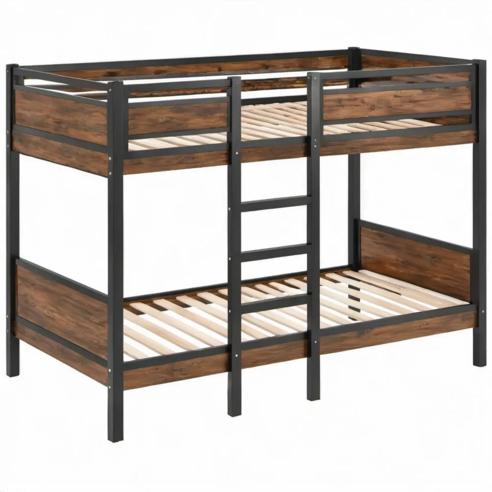 Stapelbed 90 x 200 cm met stalen frame, lattenbodems en geïntegreerde ladder - Zwart/Donkerbruin