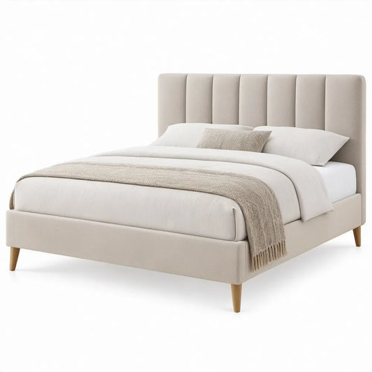 Beige gestoffeerd tweepersoonsbed met lattenbodem en hoog hoofdbord, 160 x 200 cm