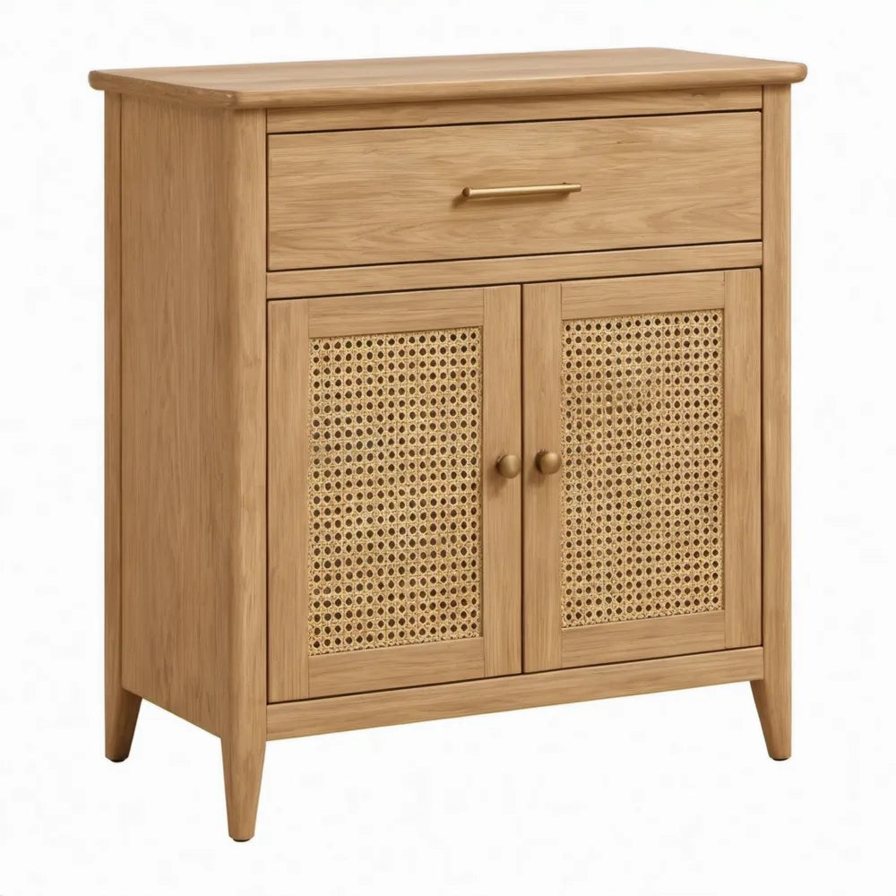 Opbergkast met lade en 2 deuren, 80 x 40 x 95 cm, naturel eikenhout en rotan
