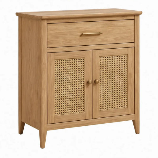 Opbergkast met lade en 2 deuren, 80 x 40 x 95 cm, naturel eikenhout en rotan